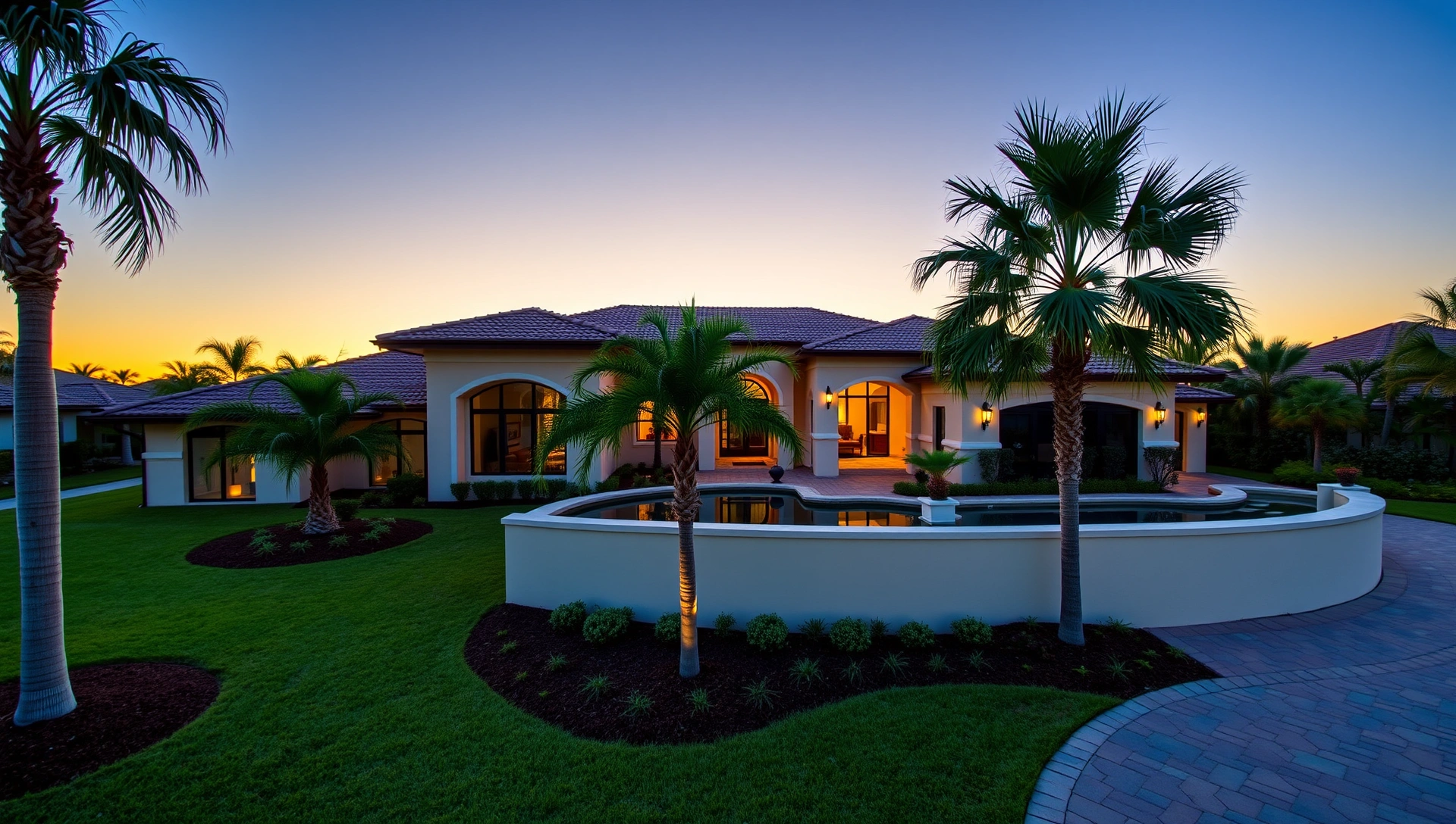 Luxury Florida villa with Mediterranean architecture and palm trees